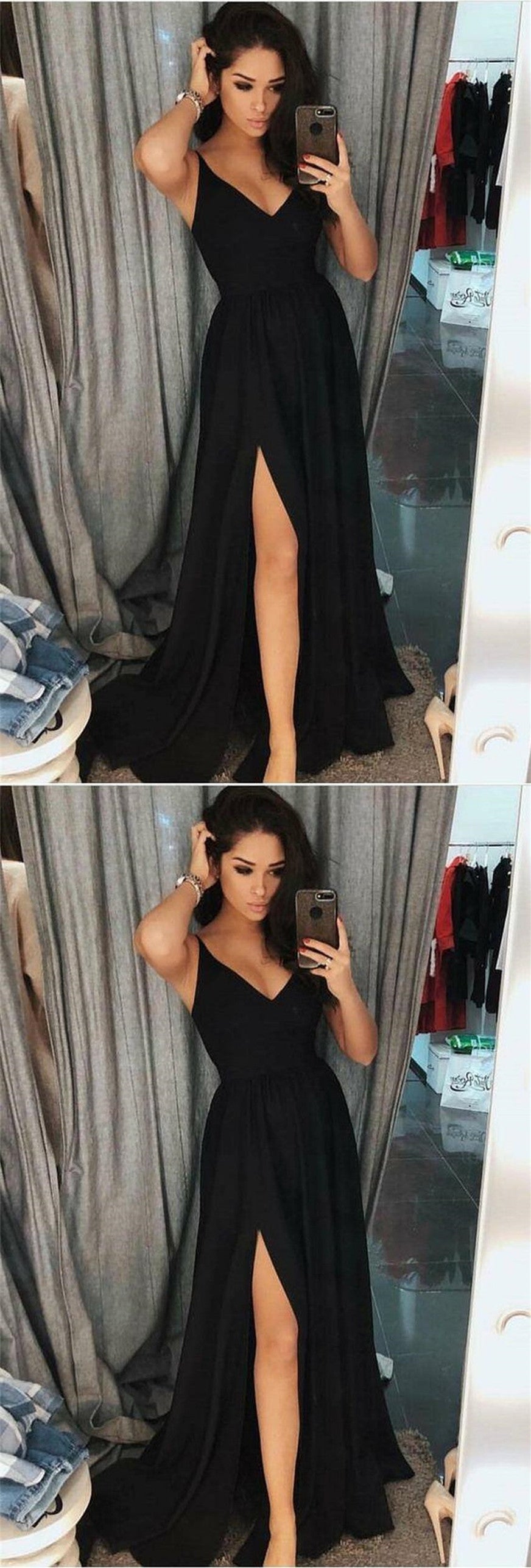 LTP0215,A-Line Black Long Prom Dress Satin V-neck Evening Party Dresses