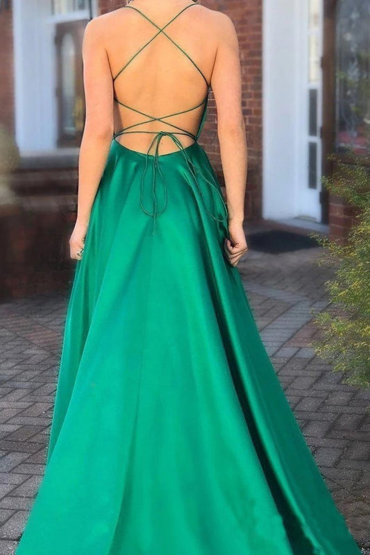 LTP0151,Discount Green Spaghetti Straps Satin Cross Back Long Prom Dress With Sweep Train