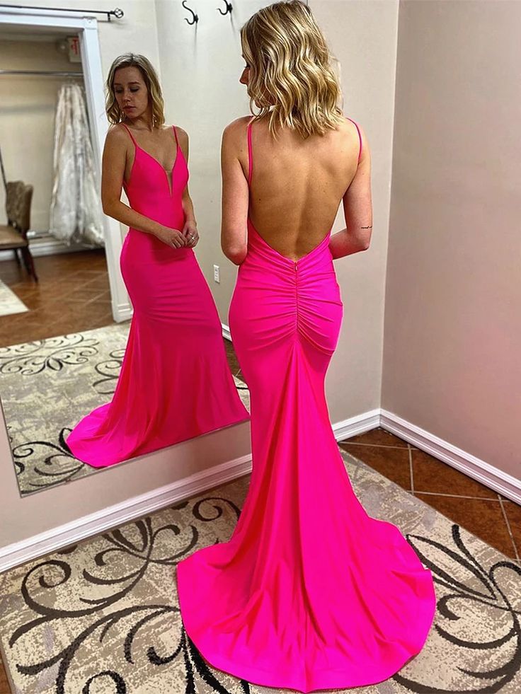Hot Pink Open Back Formal Evening Dresses Mermaid Long Prom