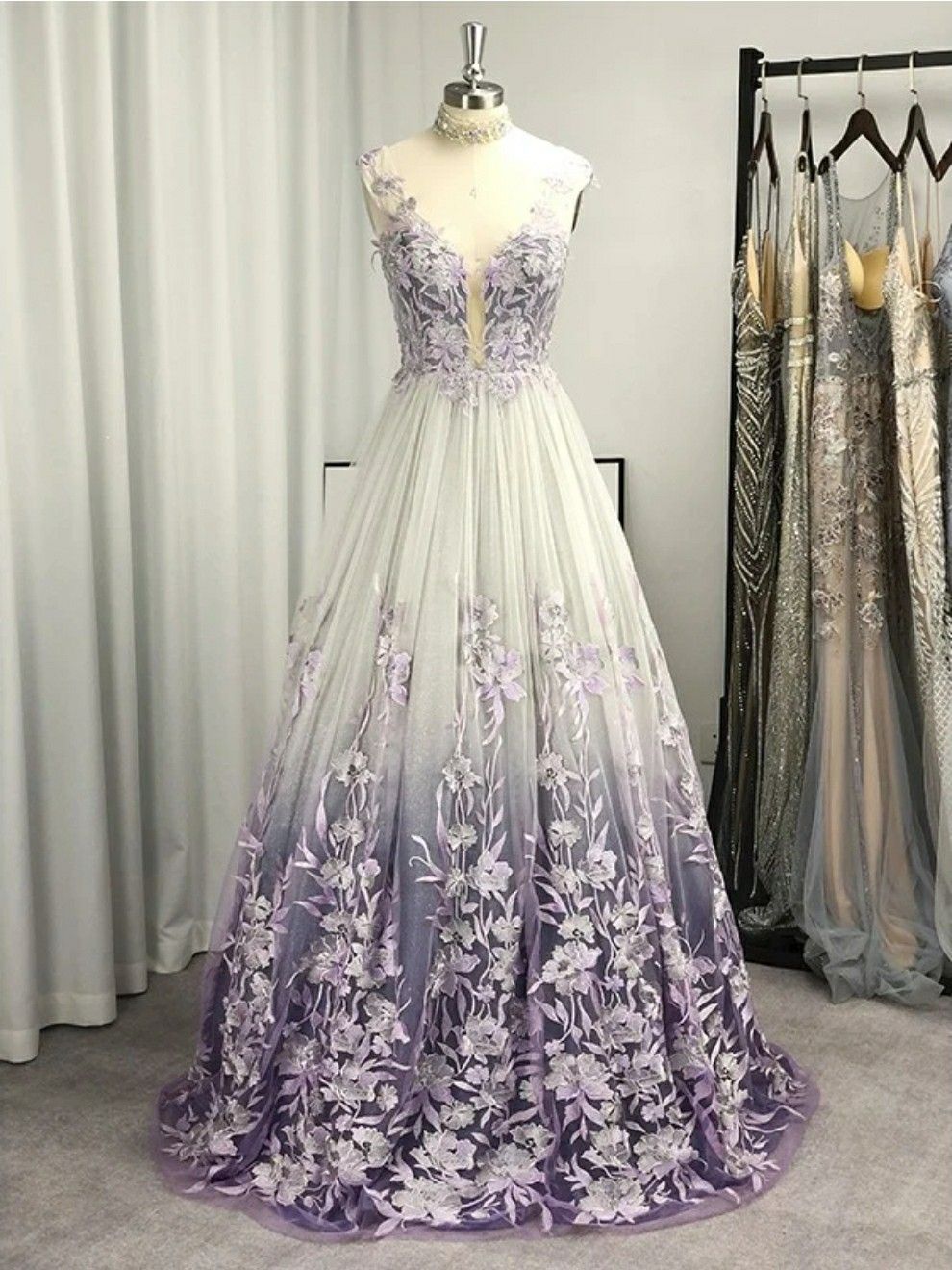 LTP1014,White tulle a-line prom dresses floral applique lavender long Laylatailor Shop LTP1014,White tulle a-line prom dresses floral applique lavender long Laylatailor Shop