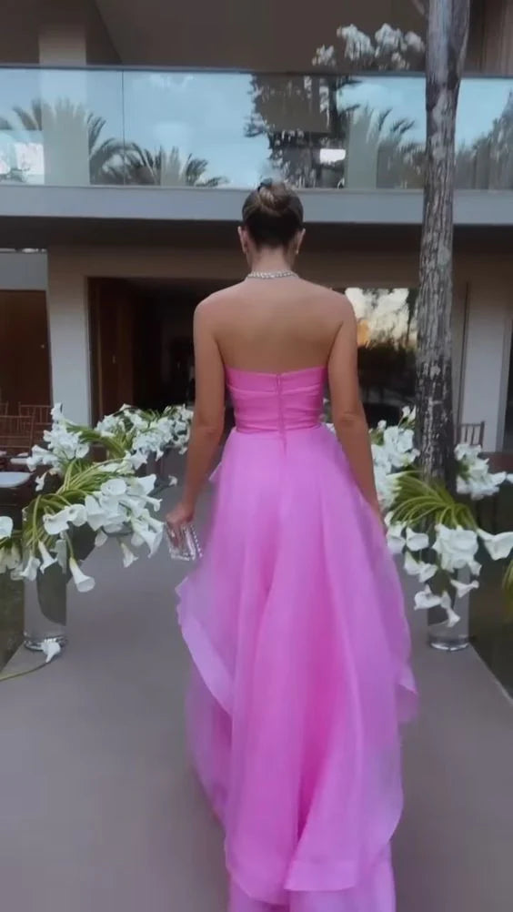 LTP1236,Simple Pink Strapless Prom Dresses,Sleeveless Pleated Evening Gown