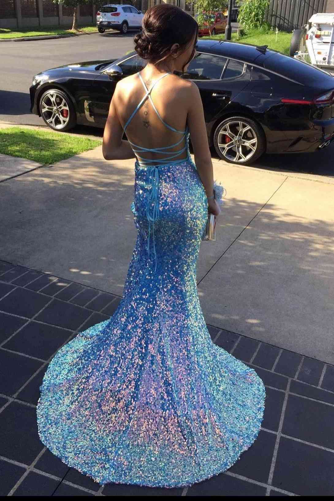 LTP0799,Light Blue Sequin V-Neck Backless Mermaid Long Formal Dress