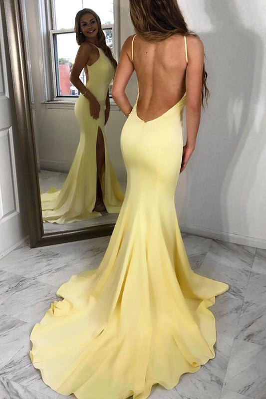 LTP0683,Pastel yellow satin mermaid long prom dresses open back evening formal gown