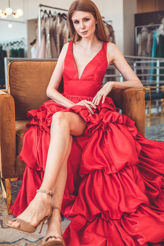 LTP0689,Good quality red prom dress high low satin v neck evening formal gown