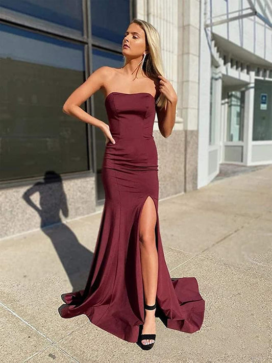 LTP0740,Burgundy strapless satin prom dresses satin long evening party dress