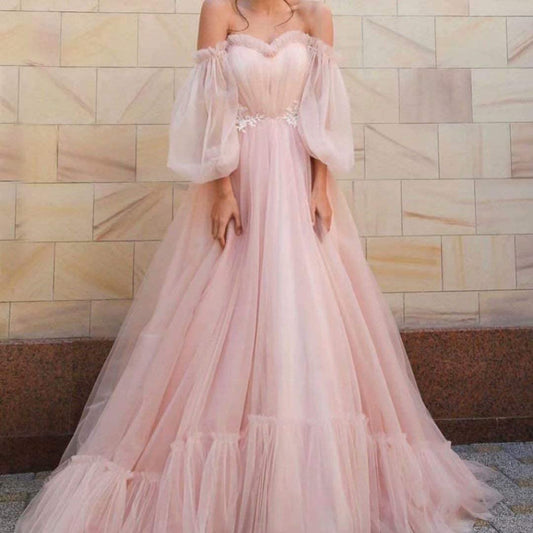 LTP1288,Light blue tulle long prom dresses,off the shoulder pink evening dress