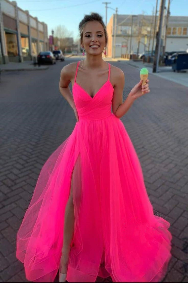 LTP0871,Hot pink tulle prom dresses spaghetti straps v-neck evening dr Laylatailor Shop LTP0871,Hot pink tulle prom dresses spaghetti straps v-neck evening dr Laylatailor Shop