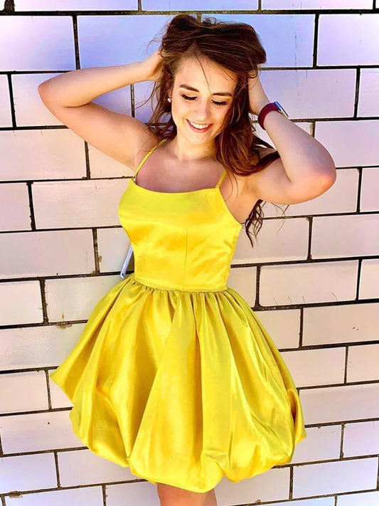 LTP1427,Simple Yellow Satin Homecoming Dresses Spaghetti Straps Graduation Dress