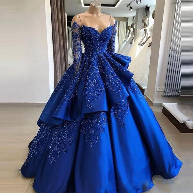 LTP0599,Charming royal blue prom dresses beaded long sleeves sweet