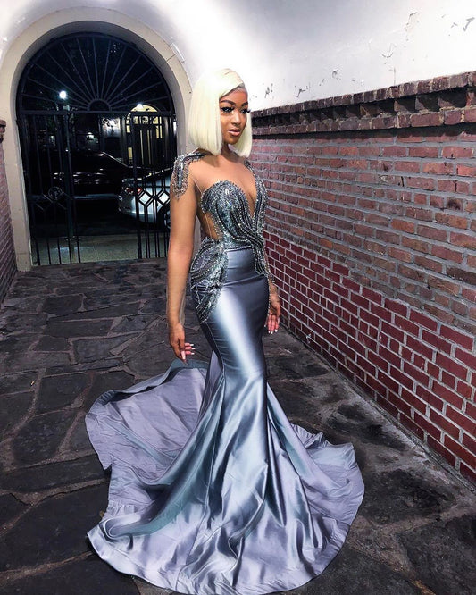 LTP0589,Grey Mermaid Long Prom Dresses Beaded Evening Party Gown