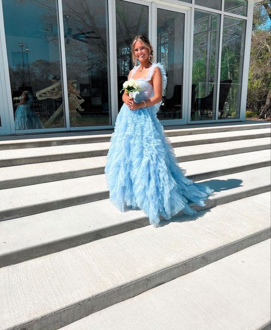 LTP1232,Princess Light Blue Ruffles Prom Dresses,Backless Evening Dresses,Formal Gown