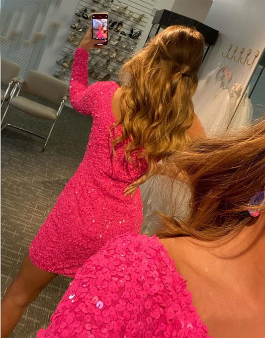 LTP1318,Charming one shoulder sequined homecoming dresses mini cocktail dress