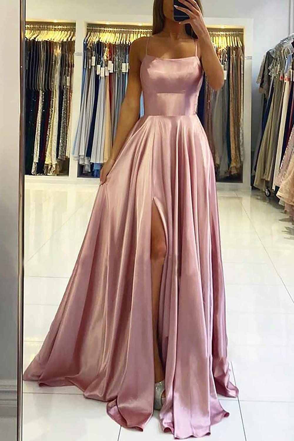 LTP0041,Spaghetti Straps Pink Satin Prom Dress, Cross Back Long Party Gown