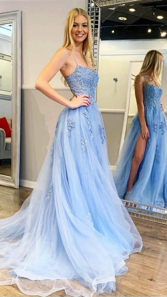 LTP0863,Charming light blue lace prom dress applique tulle prom dresses with side slit