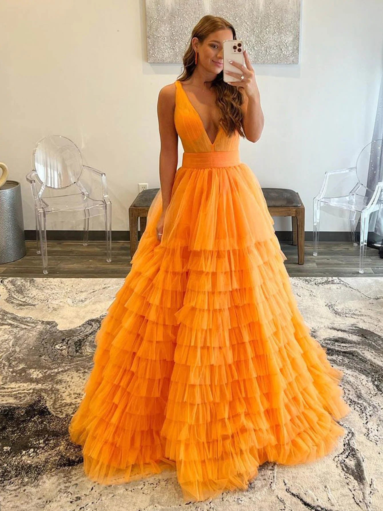 orange graduation dresses Round Neckline Orange Tulle Beaded Homecoming Dress, Short Party Dress Graduation Dress