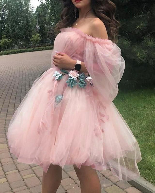 LTP1282,Off the shoulder tulle homecoming dresses,floral a-line princess dress