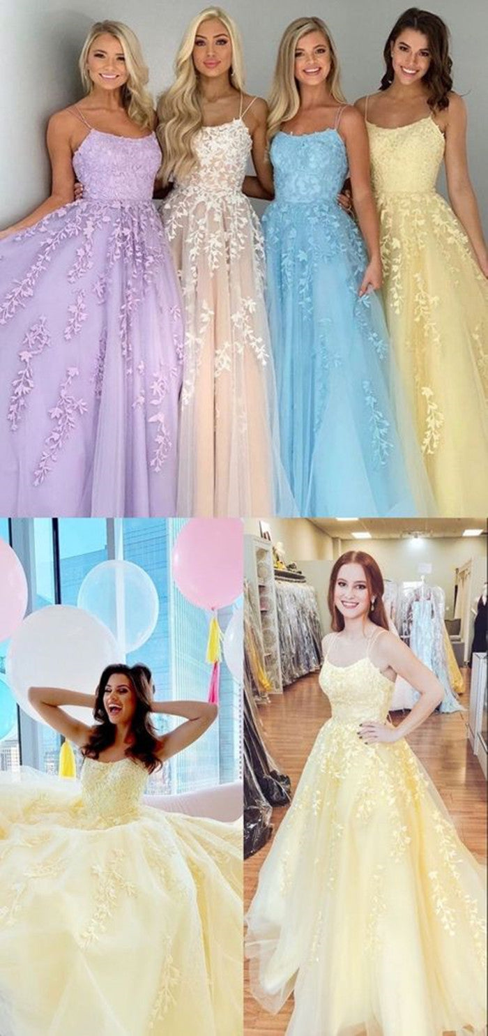 LTP0699,Spaghetti straps tulle prom dresses applique evening gown long party dress