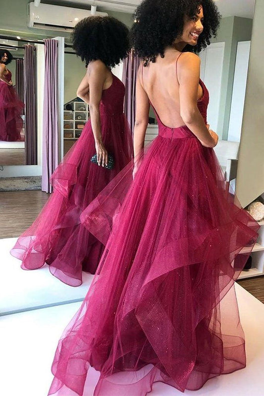 LTP0037,Shiny V Neck Backless Burgundy Prom Dress,Backless Maroon Formal Evening Dress,Fluffy Burgundy Ball Gown