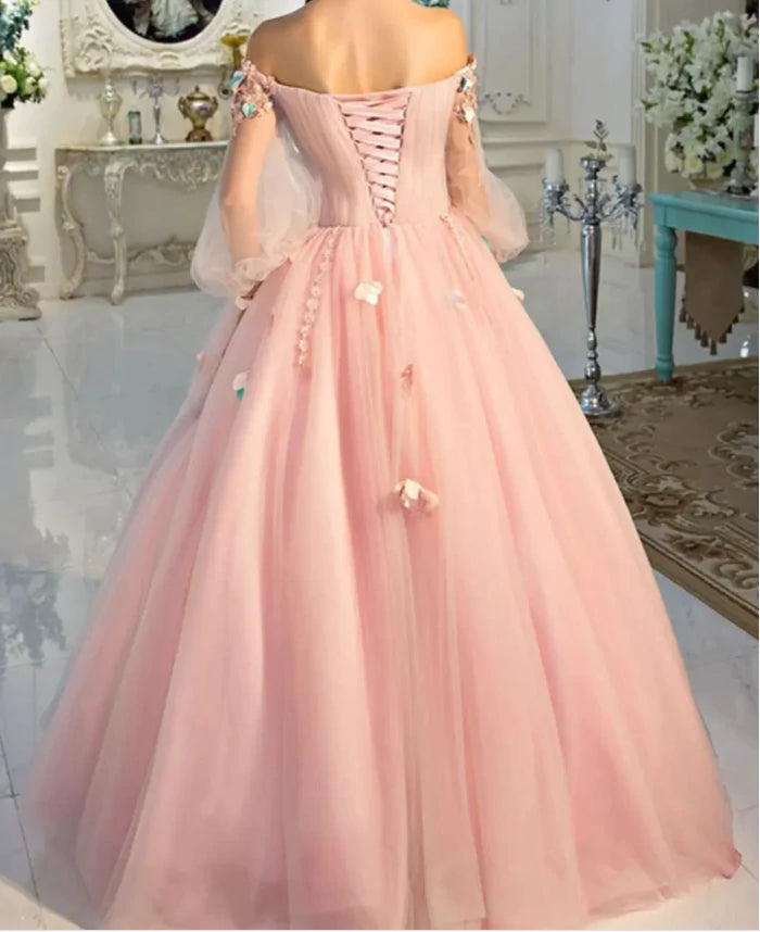 LTP1016,Long Sleeve Prom Dresses, Pearl Pink Ball Gown Long Floral Fairy Prom Dress