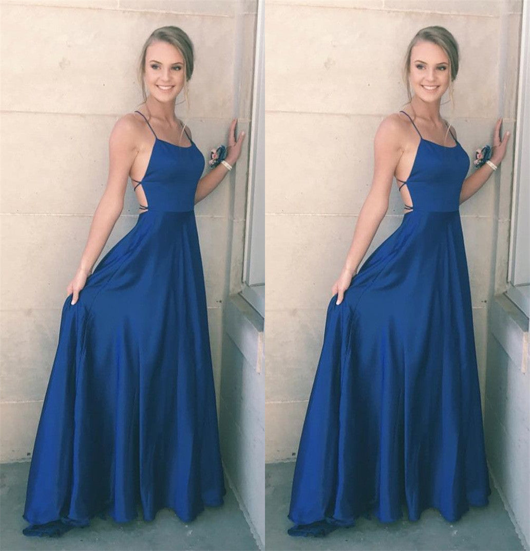 LTP0461,Blue spaghetti straps criss back satin prom dress long evening gown
