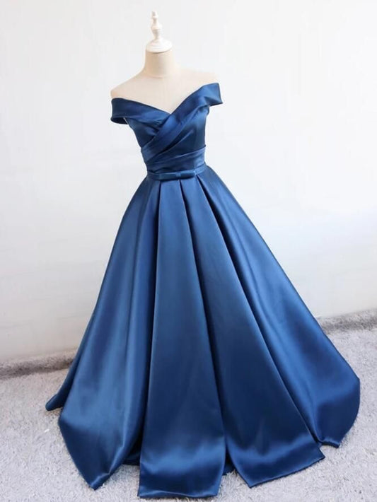 LTP0322,Off the shoulder blue a line prom dresses satin prom dress long evening dresses