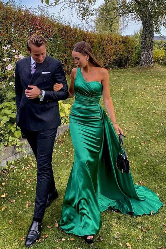 LTP0891,Green One Shoulder Prom Dress Long Satin Mermaid Prom Dresses