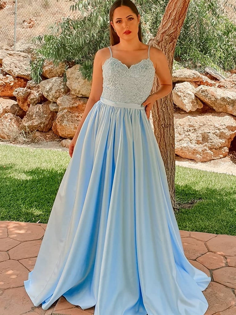 LTP0752,Light blue prom dresses,spaghetti straps formal gown,a-line satin applique long prom dress evening dress