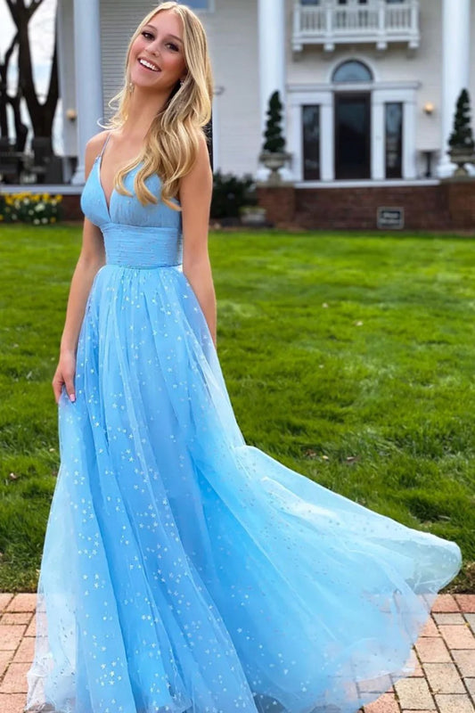 LTP1200,A Line V Neck Light Blue Long Prom Dresses with Star Sequins,Light Blue Formal Evening Dresses