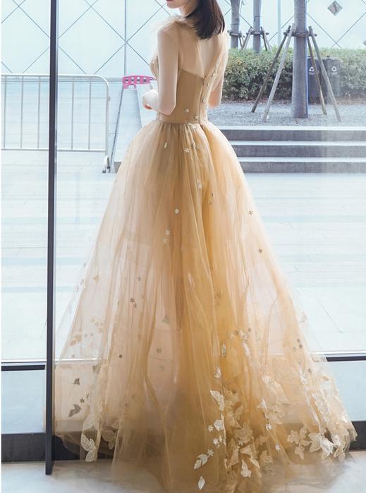 LTP0421,Chic A-line Bateau Applique Floor Length Sleeveless Long Tulle Prom Dresses Evening Dress
