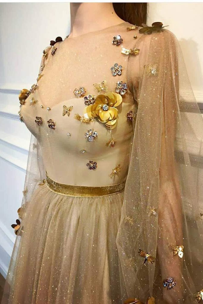 LTP0420,Gold prom dresses long sleeves a line evening dress gold applique party dress