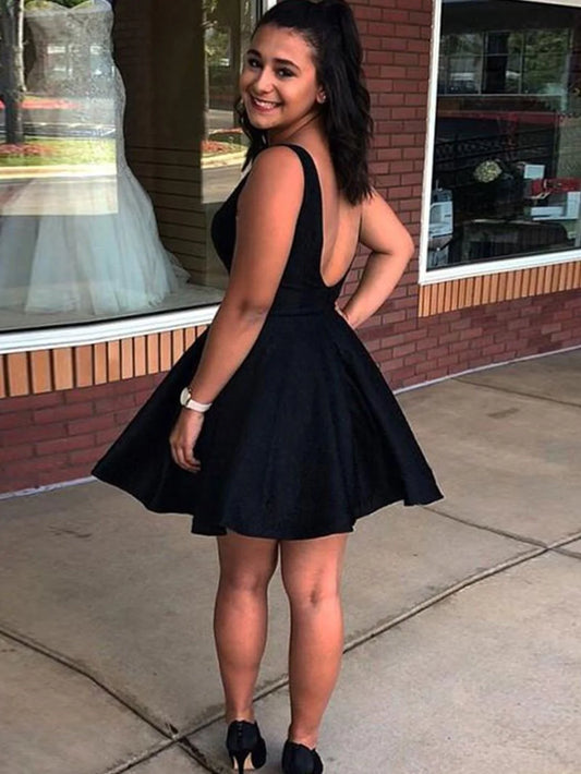 LTP1275,Black A-Line Homecoming Dresses,Satin Back To School Dress