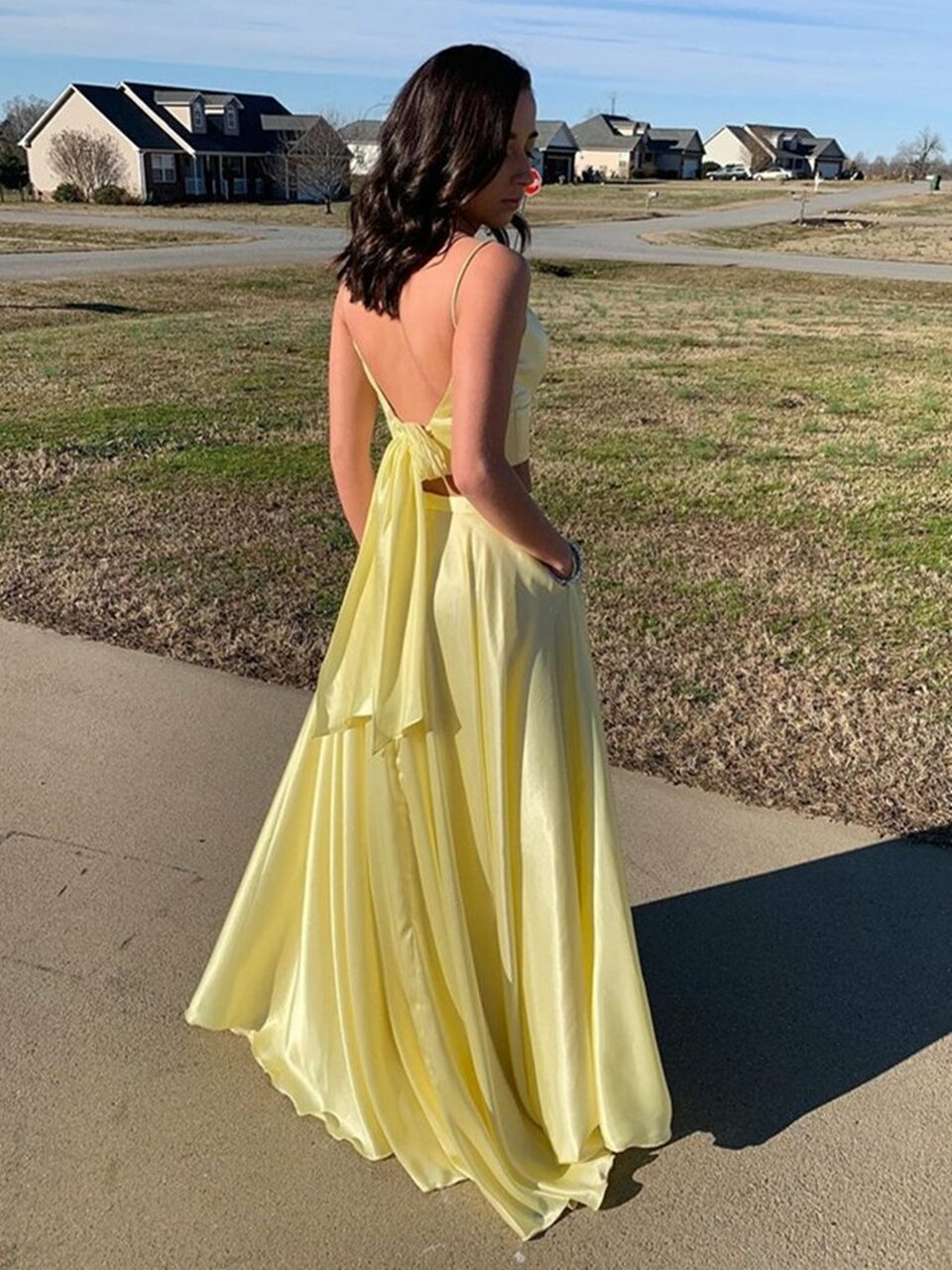 LTP0778,Two pieces prom dresses,yellow satin evening dress,a-line formal gown