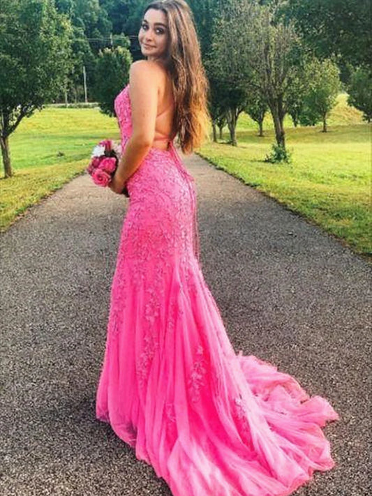 LTP1377,Hot Pink Lace Mermaid Applique Long Prom Evening Dresses With Cross Back
