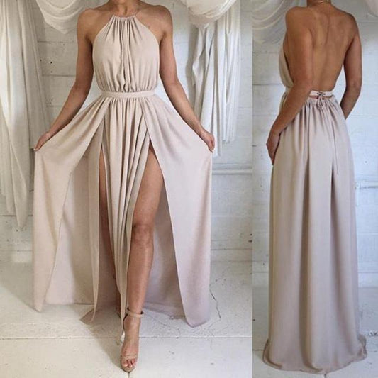 LTP0373,Champagne halter chiffon long prom dress sleeveless split evening gown