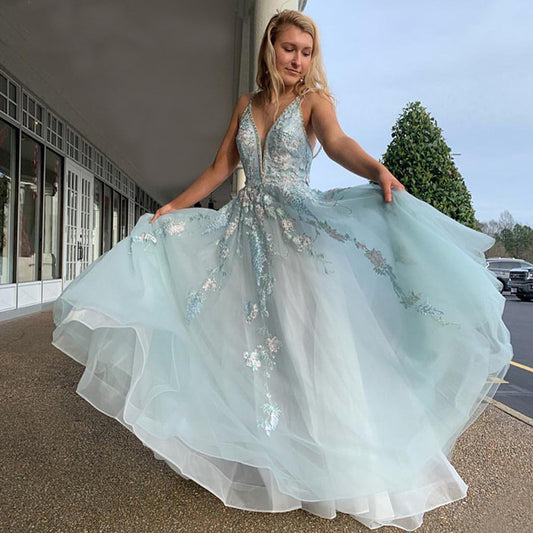 LTP0930,A-Line V-Neck Spaghetti Straps Light Blue Prom Dresses,Long Formal Dresses With Applique