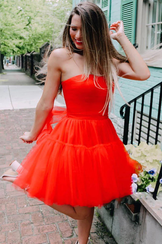 LTP1422,Red Tulle Strapless Homecoming Dresses Short Prom Dresses Evening Gown