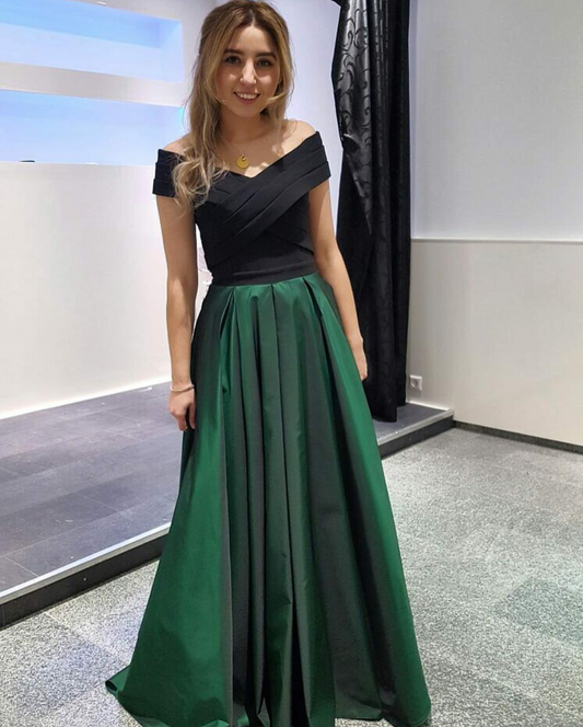 LTP0768,Off the shoulder prom dress,black green satin long evening formal gown