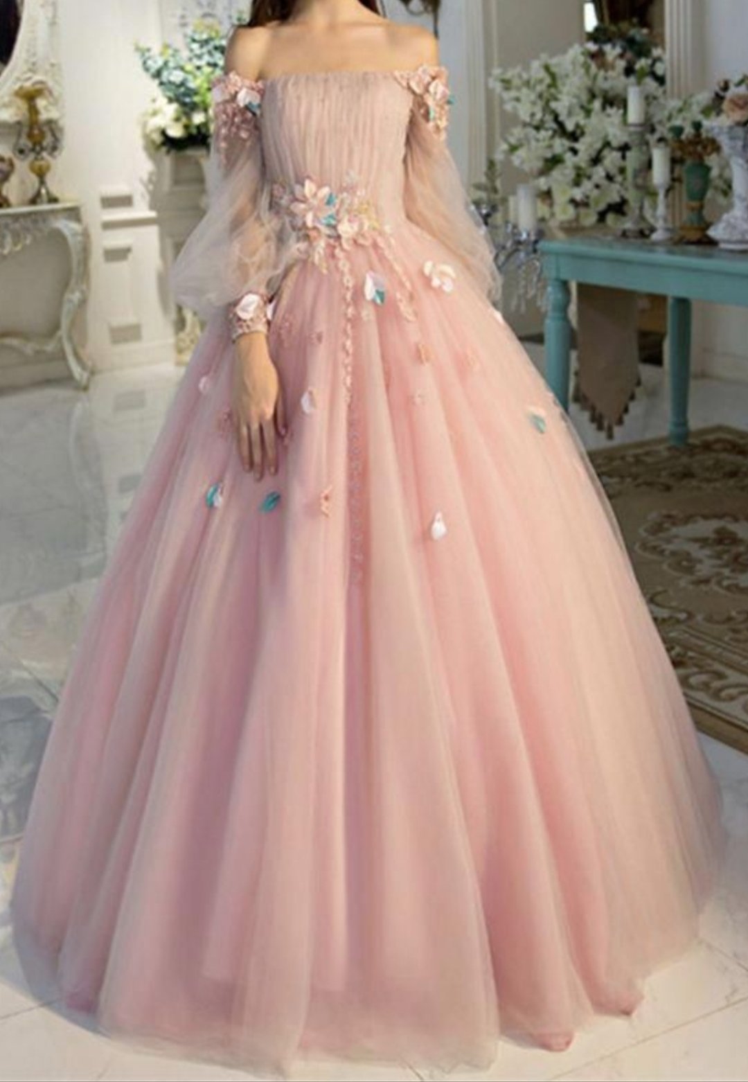 LTP1016,Long Sleeve Prom Dresses, Pearl Pink Ball Gown Long Floral Fai Laylatailor Shop LTP1016,Long Sleeve Prom Dresses, Pearl Pink Ball Gown Long Floral Fai Laylatailor Shop