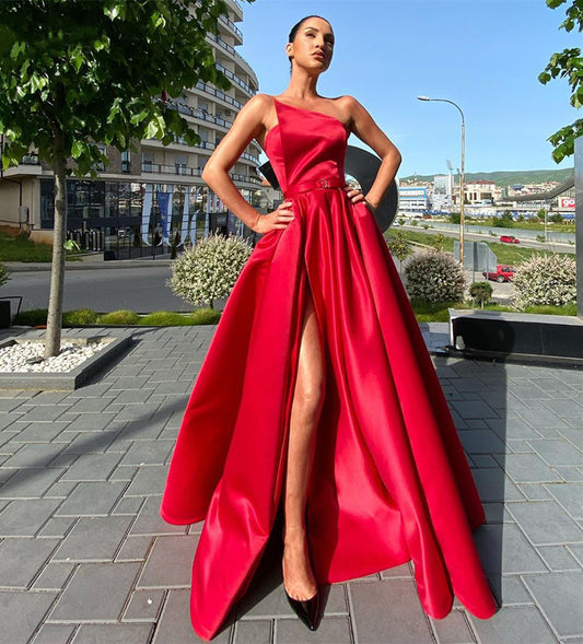 LTP0256,Strapless Long Satin Prom Dresses with Slit