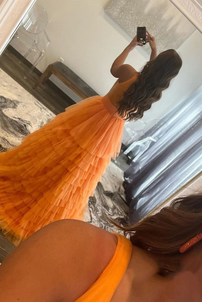 LTP1267, Elegant V Neck Layered Orange Tulle Long Prom Dresses, V Neck Orange Formal Graduation Evening Dresses