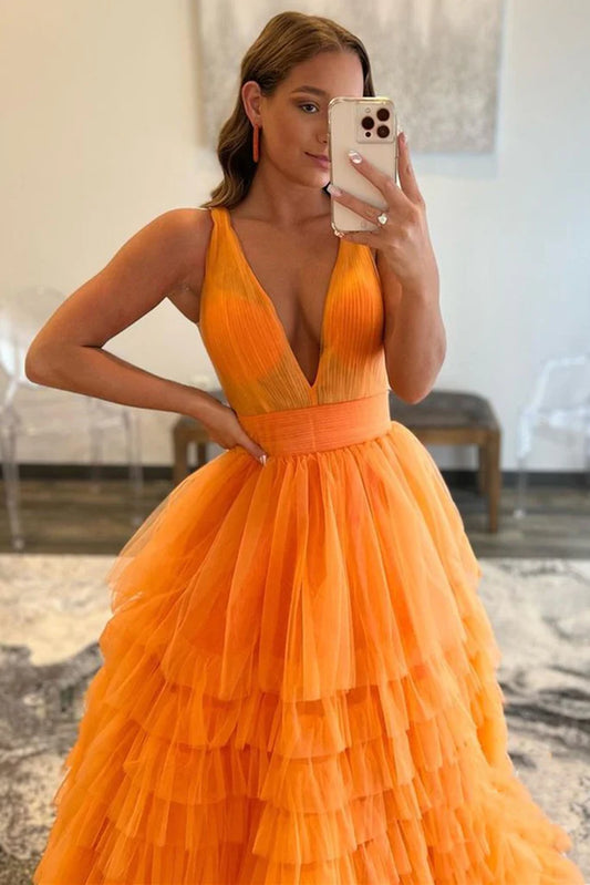 LTP1267, Elegant V Neck Layered Orange Tulle Long Prom Dresses, V Neck Orange Formal Graduation Evening Dresses