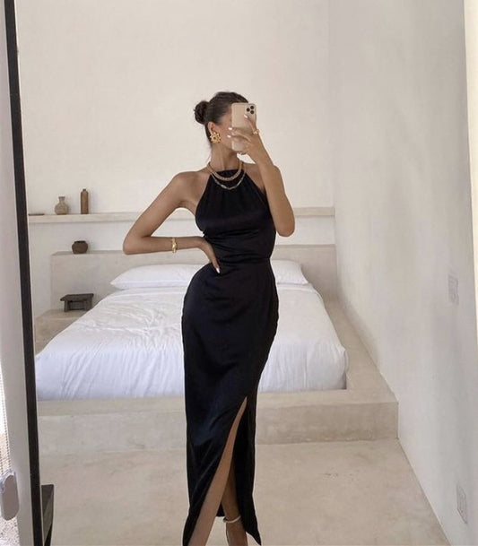 LTP0729,Black halter silk satin long prom dresses with split