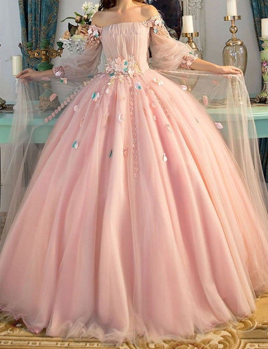 LTP1016,Long Sleeve Prom Dresses, Pearl Pink Ball Gown Long Floral Fairy Prom Dress