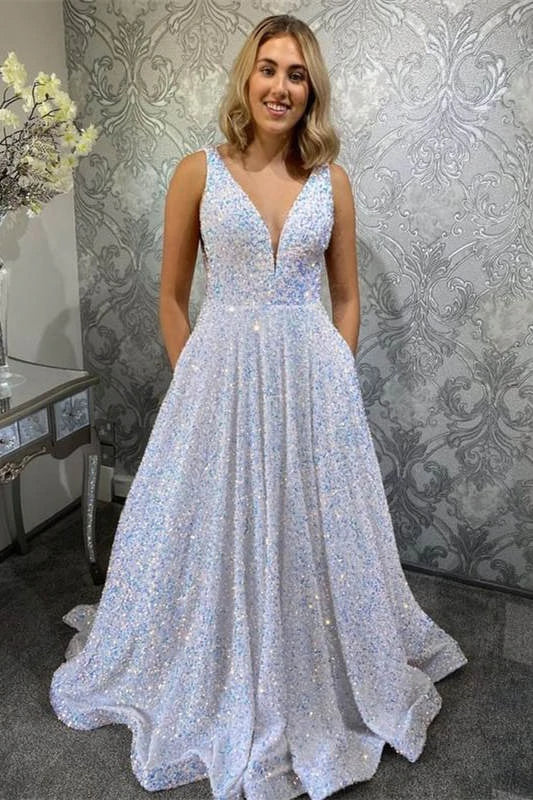 LTP0969,Sparkle white a-line prom dresses sequin evening formal gown