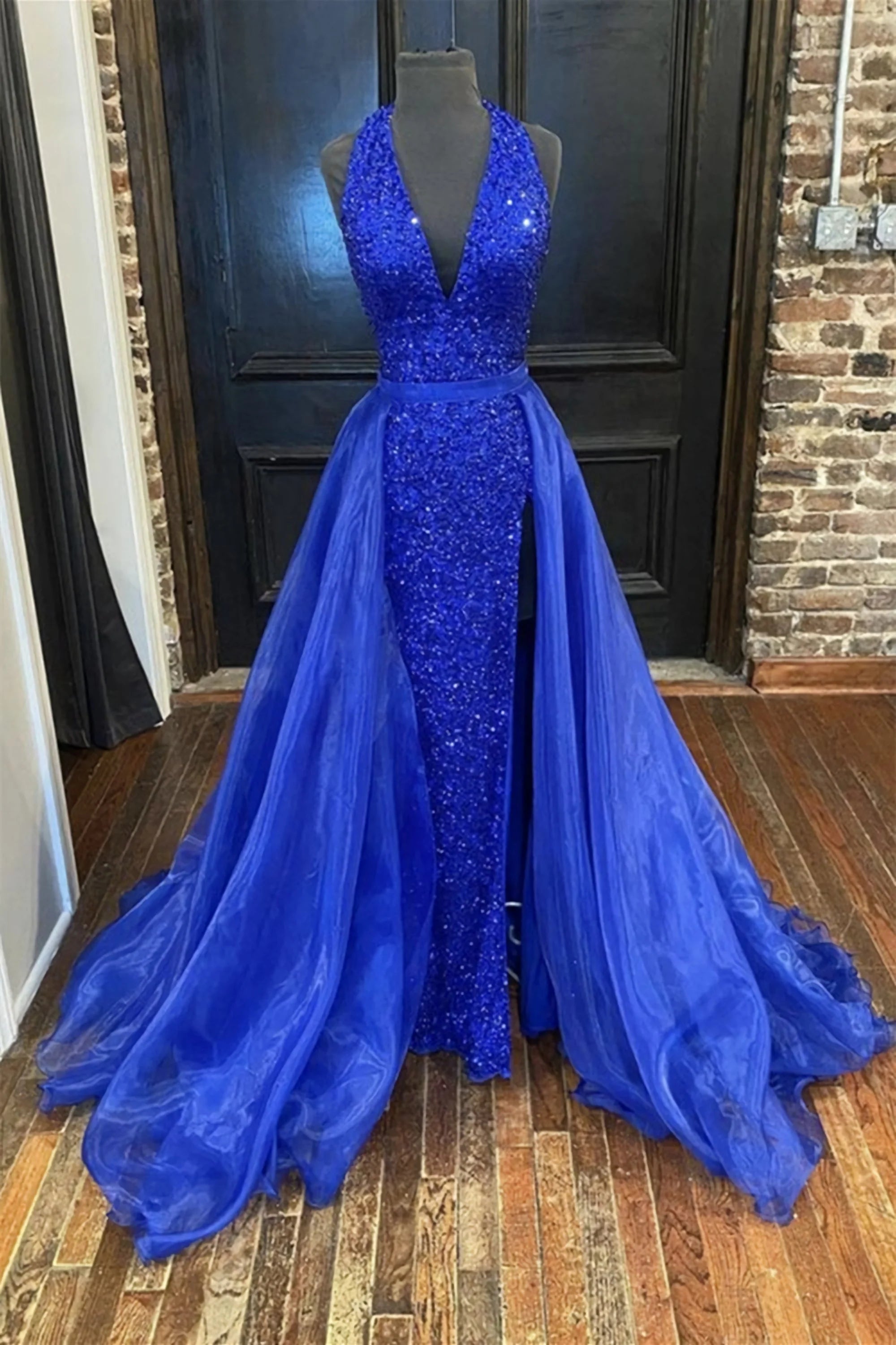 LTP1188,Royal Blue Prom Dresses,Sheath Long Prom Dress,Organza Sash Ev