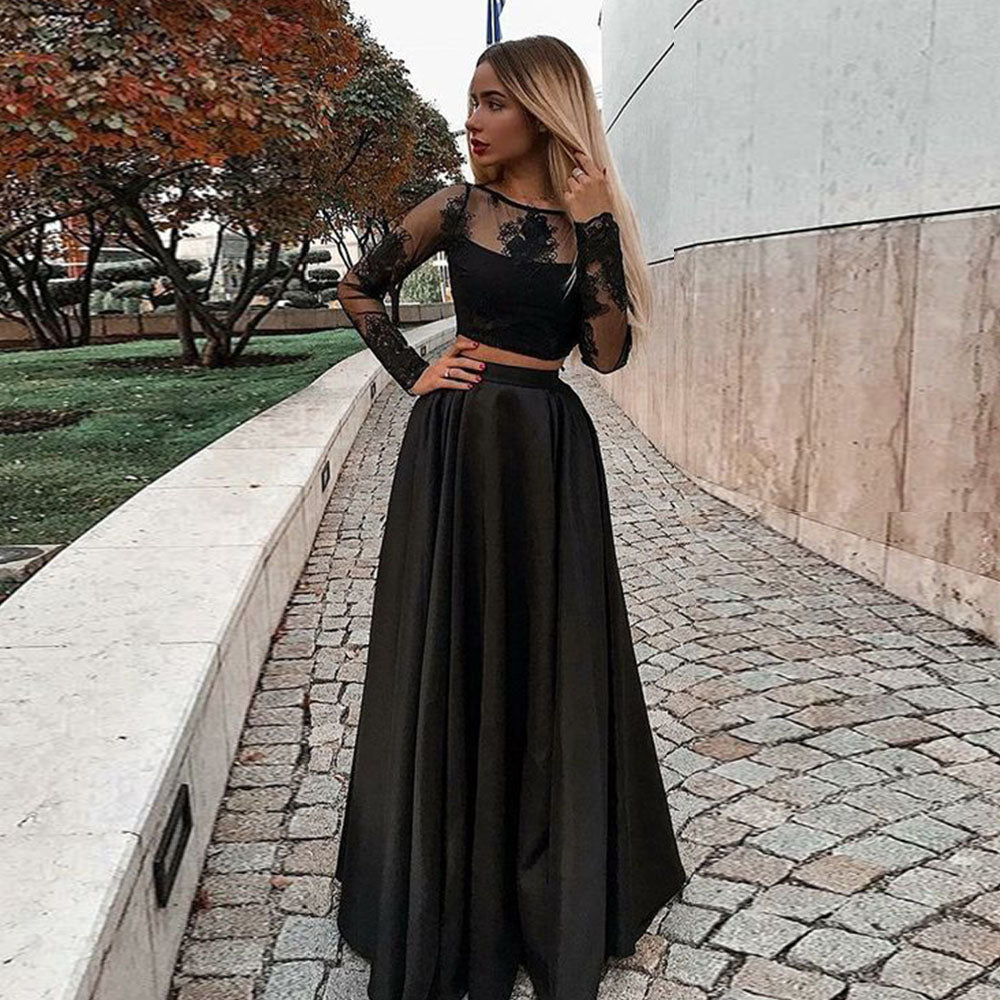 LTP0082,Two piece black lace top long sleeves a-line prom evening dresses party gown