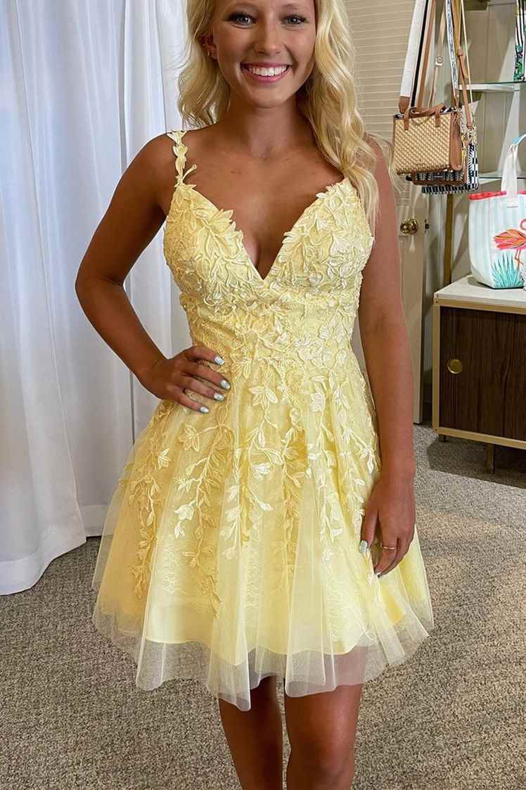 LTP1161,Princess Yellow Appliques A-line Short Homecoming Dress