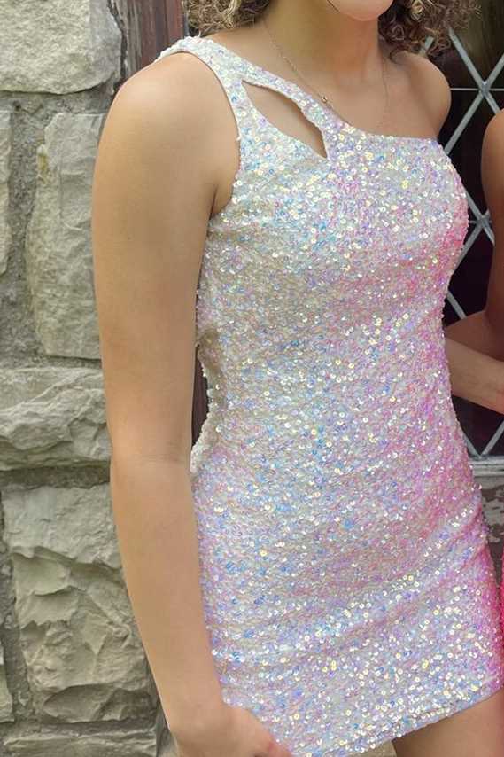 LTP1159,One Shoulder Sequins Bodycon Mini Dress with Keyhole