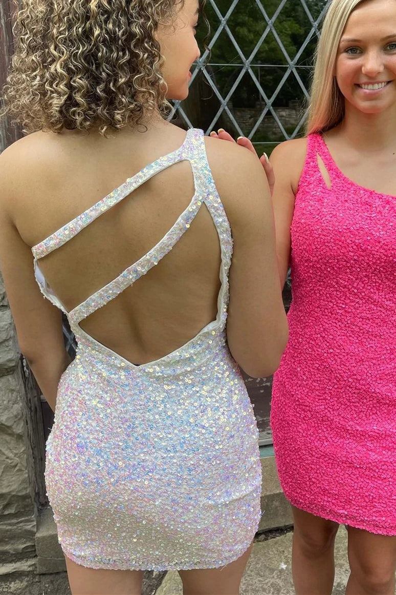 LTP1159,One Shoulder Sequins Bodycon Mini Dress with Keyhole