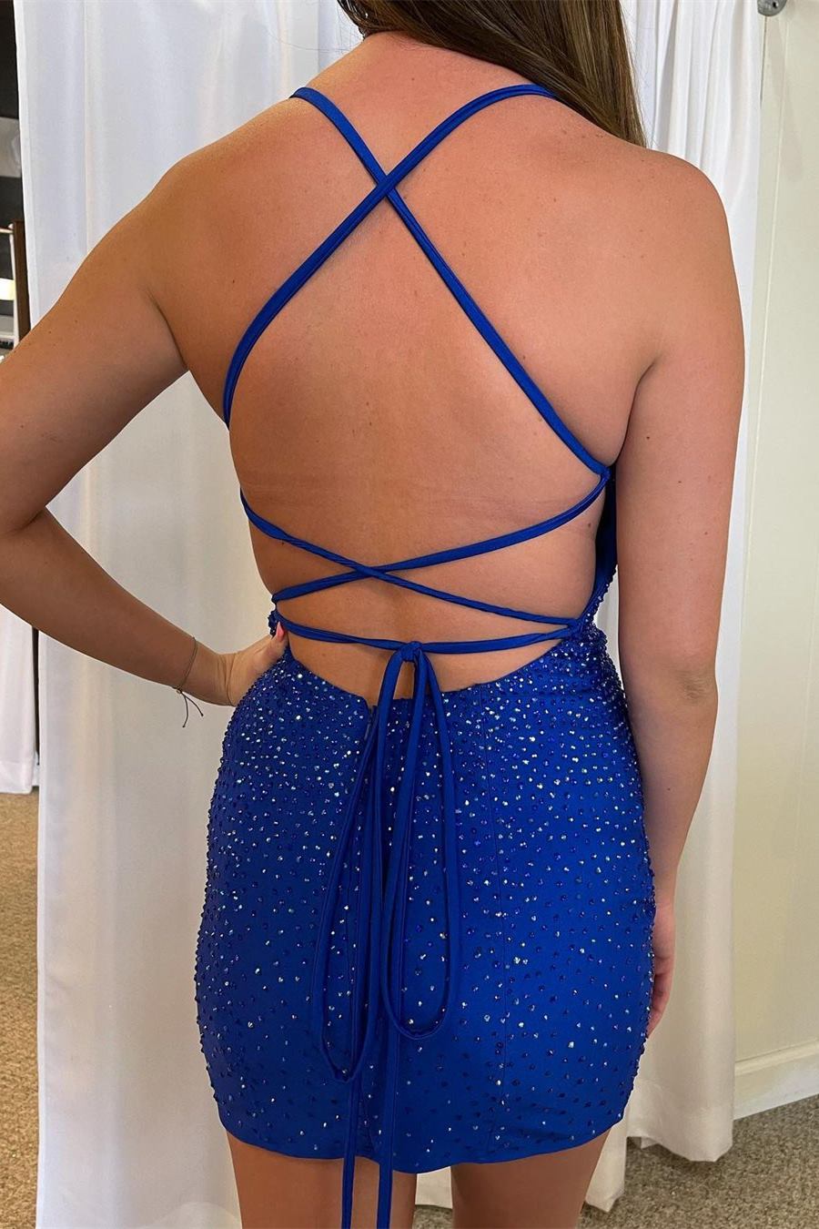 LTP1159,Cute Royal Blue Beaded Mini Bodycon Party Dress